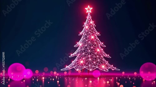 Glowing neon christmas tree with radiant pink orbs and starry top in festive ambiance