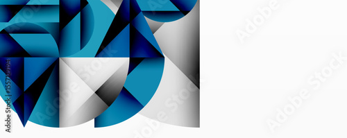 Abstract geometric shapes, blues, whites create dynamic composition. Modern design, clean lines suggest innovation, technology.