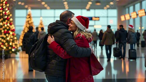 Emotional airport reunion during holiday season in festive terminal setting