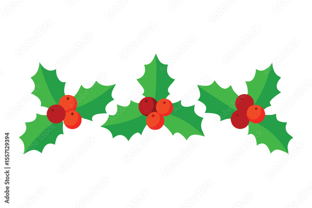 Fototapeta premium Cartoon Holly Berries and Leaves Arrangement Isolated on a White Background Illustration