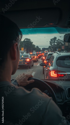 Man driving a car in heavy traffic during the day with other cars visible on the road ahead of him