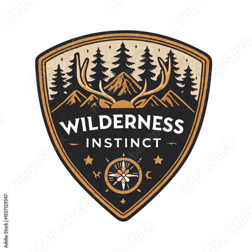Antler patch design compass, wilderness quote. Detailed illustration. Adventure themed emblem.
