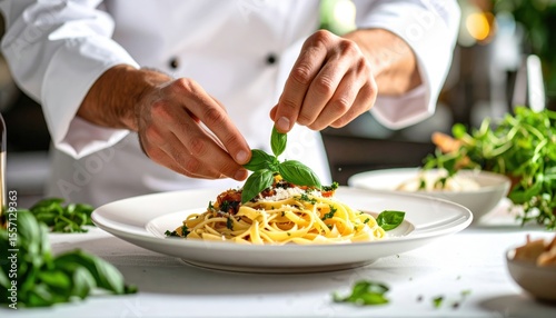 Chef Preparing Pasta Dish With Fresh Basil