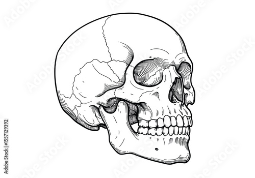 Anatomy skull drawing. It is a detailed black and white outline image of a human cranium, showcasing anatomical features and bone texture. Vector sketch line art draw.