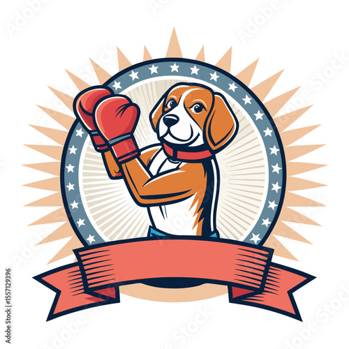 Cartoon dog boxing champ, proud stance inside squared boxing ring, victorious, triumphant.