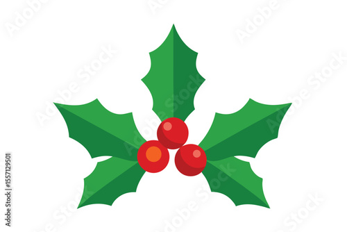 Cartoon Holly Berry Illustration Green Leaves and Red Berries on White Background