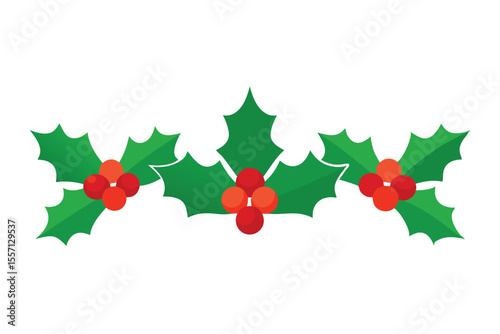 Cartoon Holly Berry Sprig with Green Leaves on a White Background, Decoration