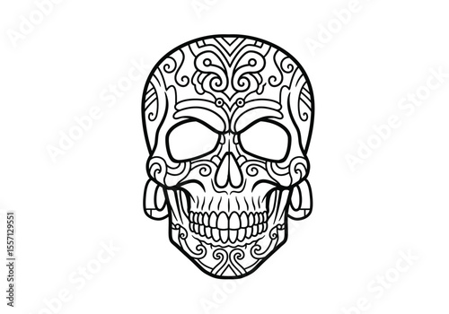Aztec skull drawing. It is a black and white outline image of a stylized cranium, adorned with intricate traditional patterns and cultural motifs. Vector sketch line art draw.