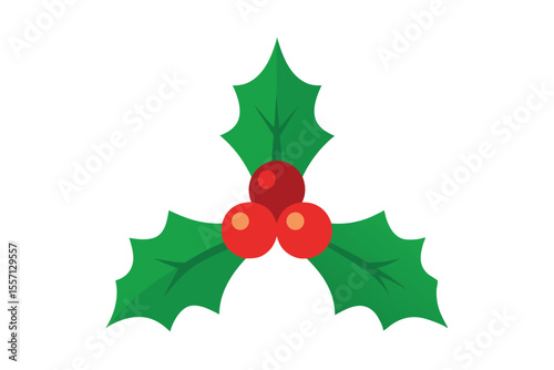 Cartoon Holly Berry with Green Leaves Christmas Festive Plant on White Background