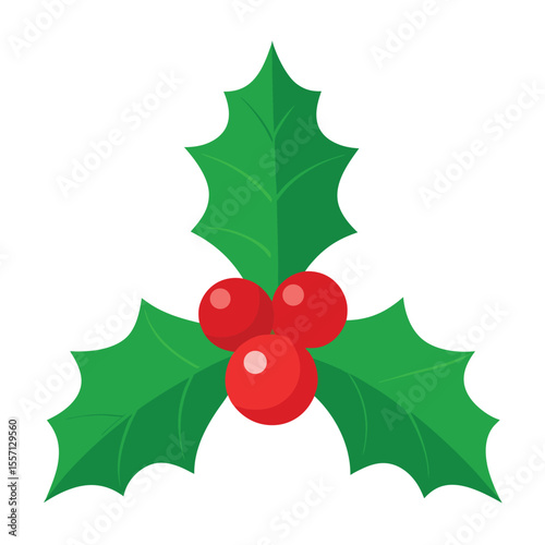 Cartoon Holly Berry Sprig Three Red Berries and Green Leaves for Festive Christmas Season