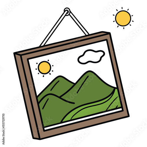 Hanging wall print, Cartoon landscape of green hills and bright sunshine