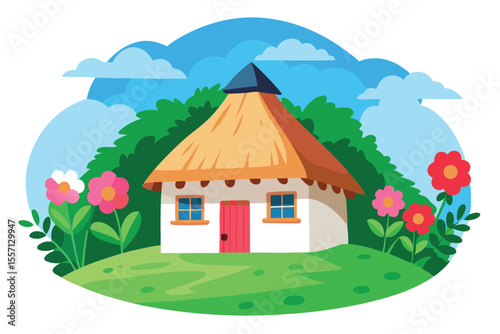 Cartoon Illustration Thatched Roof Cottage with Pink and Red Flowers in a Lush Landscape