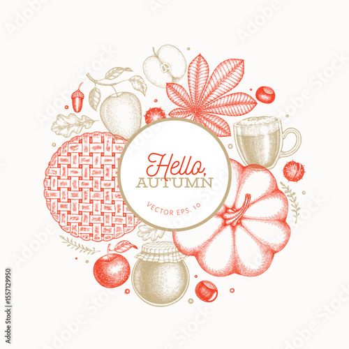 Hand Drawn Vector Autumn Illustration. Not AI Generated. Thanksgiving Background. Fall Season Cozy Mood Banner. Vintage Design Template.