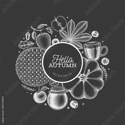 Hand Drawn Vector Autumn Illustration. Not AI Generated. Thanksgiving Chalk Board Background. Fall Season Cozy Mood Banner. Vintage Design Template.