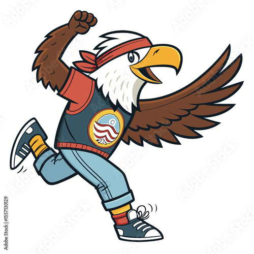 Cartoon eagle wearing a sporty headband, performing dynamic parkour moves against a simple background.