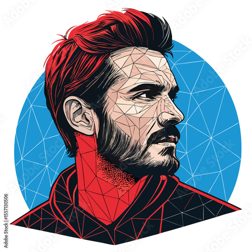 Glitching polygon mesh of a man's face, digital art. Red distortion at the top.