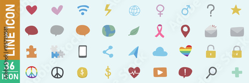 A diverse collection of medical and social icons, symbols, and web elements, featuring heart and star shapes, illustrate a unified design set for business and internet use