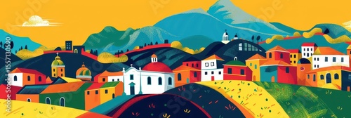 Vibrant ecuadorian landscape celebrating independence day with colorful architecture and rolling hills. Postcard from Quito. Horizontal banner. Copy space. Flat illustration