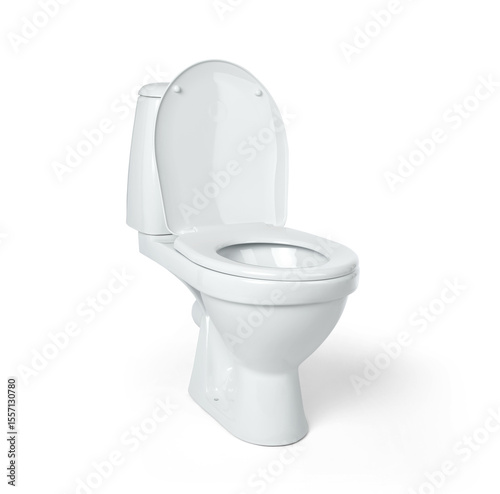 Modern white ceramic toilet bowl with open lid, isolated on transparent background PNG. Contemporary bathroom sanitation equipment for home, hotel, or office interior design projects.