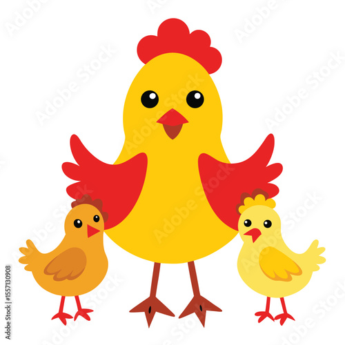 Cartoon Mother Hen With Two Chicks, Yellow and Red, on a White Background