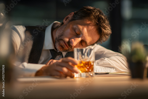 Drunk man holding a drink and sleeping on a table