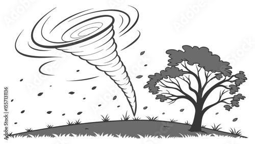 Whirlwind near a Tree: Stylized Illustration of a Natural Disaster.