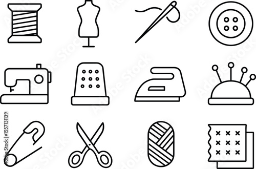 Sewing and Tailoring Icons Set Outline Style. Spool of Thread, Mannequin, Needle, Button, Sewing Machine, Thimble