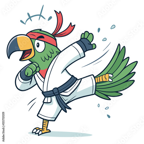 Cartoon parrot, headband, karate stance, determined, moti, oriental rug. Action pose, dynamic.