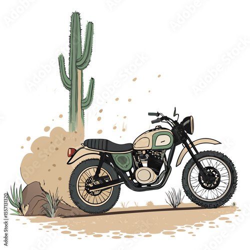 Retro desert ride scene with motorcycle kicking up dust. Vintage vibe, sunset, open road freedom.
