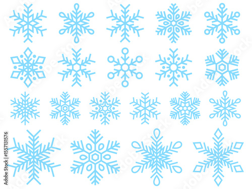 水色の雪の結晶の線画アイコンセット