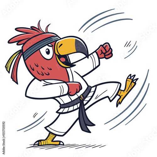 Cartoon parrot practicing karate, wearing a headband and a moti necklace. Funny and skillful bird.