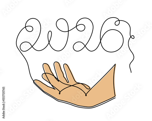  2026 and hand one line art, hand drawn continuous contour. Holiday concept year of the horse, festive New year handwriting text, minimalist design. Editable stroke. Isolated. Vector illustration