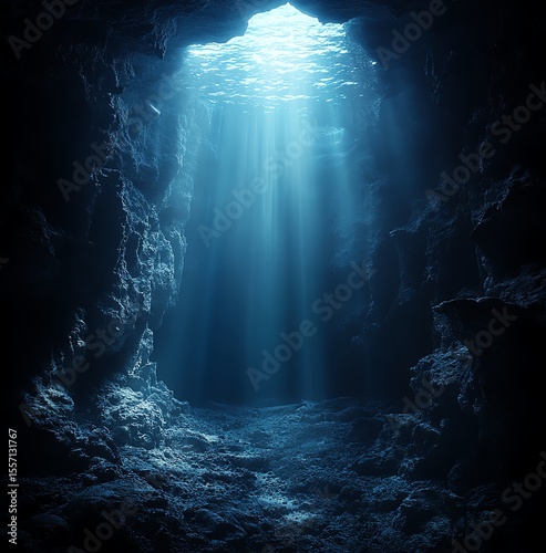 A mysterious underwater cave illuminated by sunlight streaming through an opening, revealing rocky walls and a serene, deep blue atmosphere.