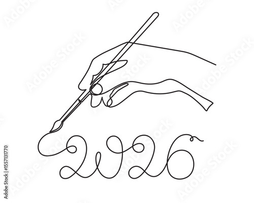  2026 and hand one line art, hand drawn continuous contour. Holiday concept year of the horse, festive New year handwriting text, minimalist design. Editable stroke. Isolated. Vector illustration