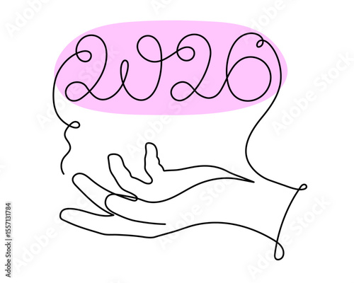  2026 and hand one line art, hand drawn continuous contour. Holiday concept year of the horse, festive New year handwriting text, minimalist design. Editable stroke. Isolated. Vector illustration