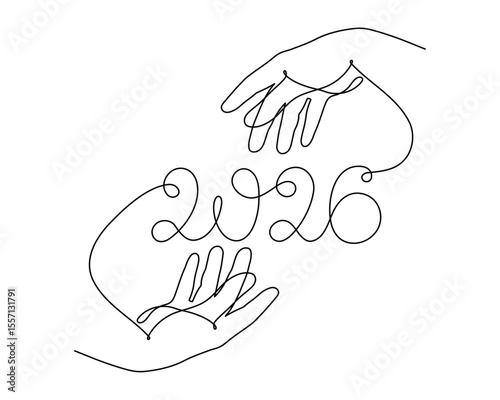  2026 and hand one line art, hand drawn continuous contour. Holiday concept year of the horse, festive New year handwriting text, minimalist design. Editable stroke. Isolated. Vector illustration