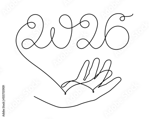  2026 and hand one line art, hand drawn continuous contour. Holiday concept year of the horse, festive New year handwriting text, minimalist design. Editable stroke. Isolated. Vector illustration