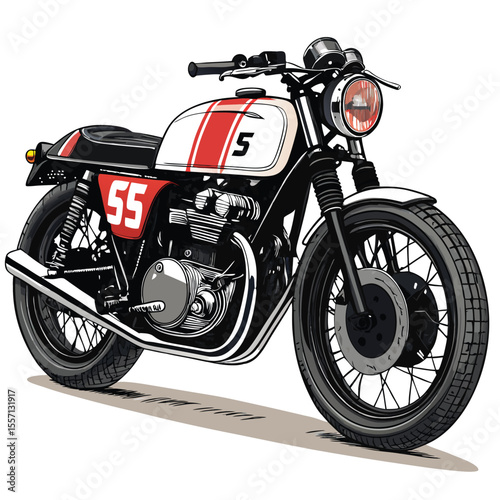 Motorcycle front with a vintage number plate, racing style, bold numbers, retro aesthetics, classic bike.