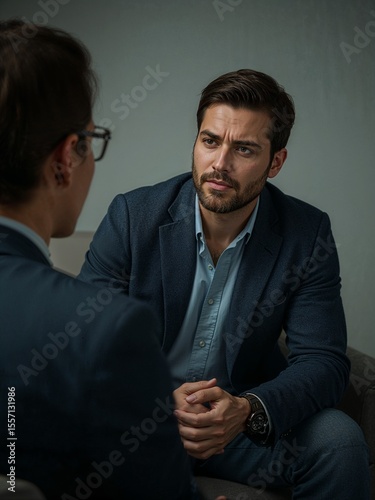 Two men in suits having a conversation one with glasses the other with a beard and a watch on his wrist