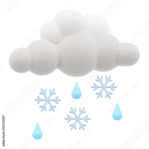 White fluffy cloud mixed with raindrops and snowflakes, glossy plasticine effect. 3D Rendering style vector, isolated.
