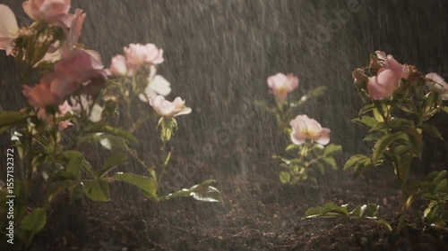 Great home garden. Watering Seedlings Bushes of blooming wild tea rose in rays of light. The camera moves along a row of plants