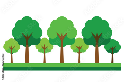 Cartoon Tree Line with Green Foliage and Brown Trunks Isolated on a White Background