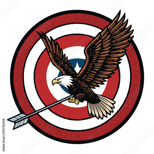Comic art bullseye badge; eagle shooting number one. Achievement icon. Retro style, colorful, dynamic pose.