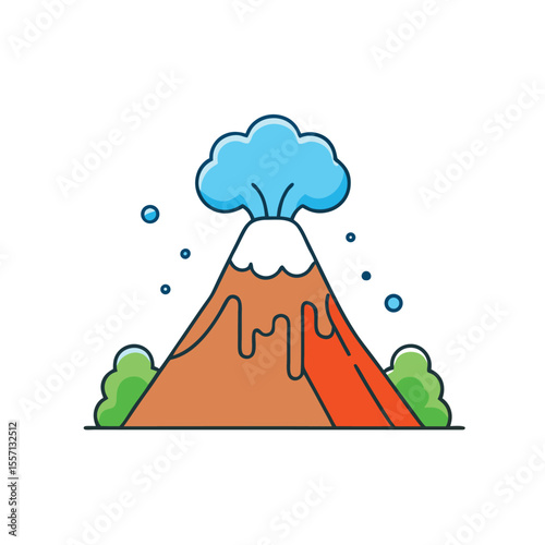 Cartoon Volcano Erupting with Blue Smoke and Lava Flowing Down Mountain Surrounded by Greenery
