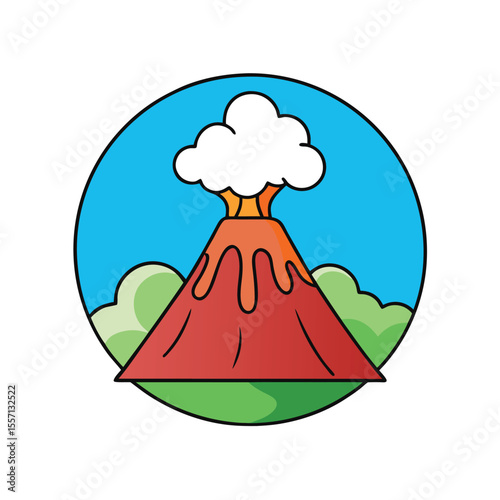 Cartoon Volcano Eruption with Cloud in Circle with Landscape Backdrop Illustration