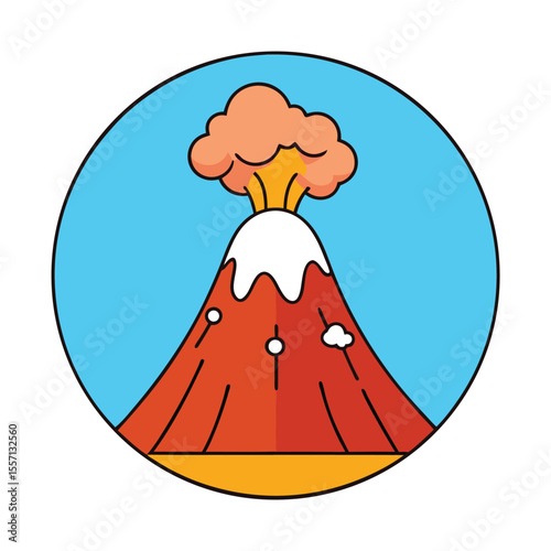 Cartoon Volcano Eruption with Cloud in Circle Frame on Light Blue Background Illustration
