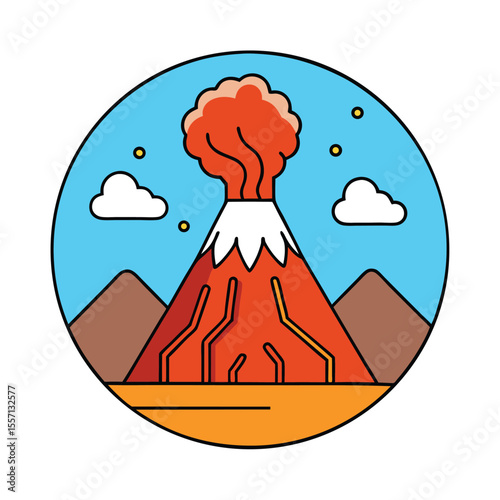 Cartoon Volcano Eruption with Lava Flow Illustration on Blue Sky Background Circle