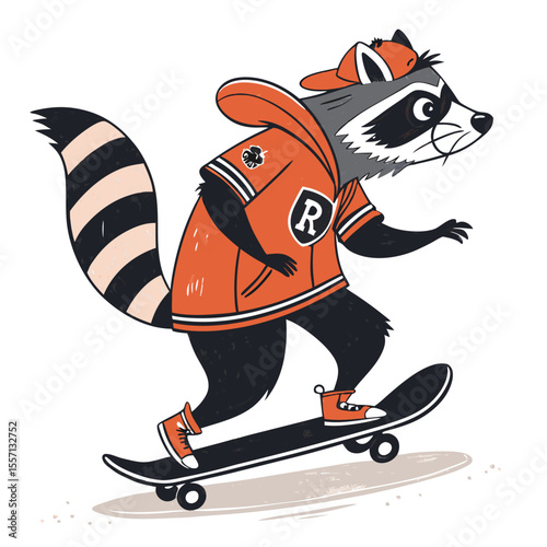 A stylish raccoon, sporting a varsity-style outfit, performs a trick on a skateboard.