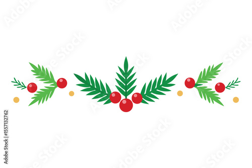Christmas Holly Berries and Evergreen Foliage with Decorative Gold Dots Illustration on White Background