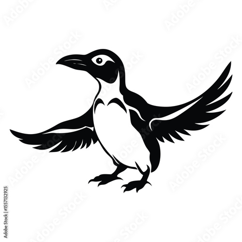 Adorable penguin with wings spread silhouette, perfect for logos, wildlife art, or kids' designs. This charming vector art symbolizes playfulness and nature.